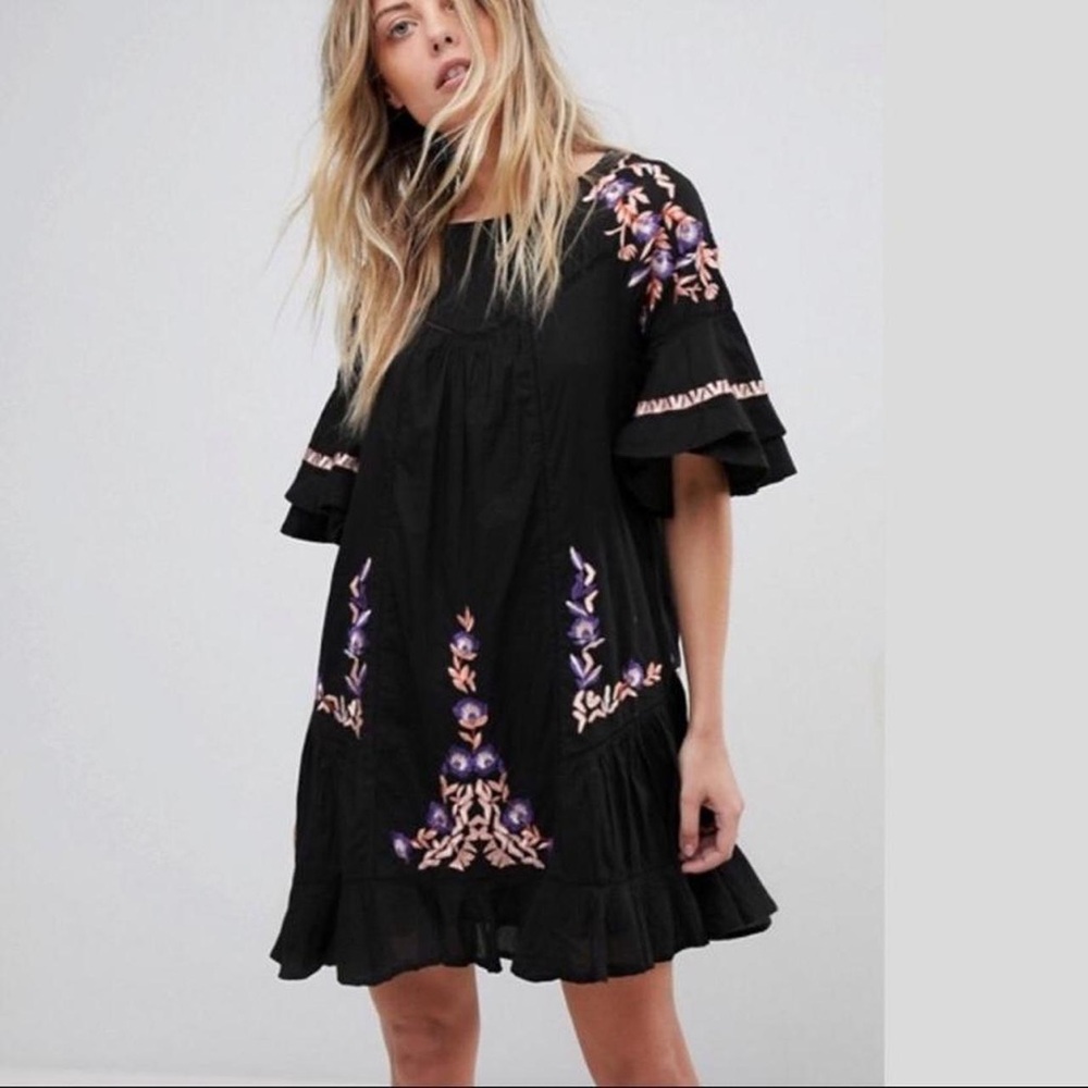 Free People Black Mini Dress with Purple & Pink Floral Embroidery